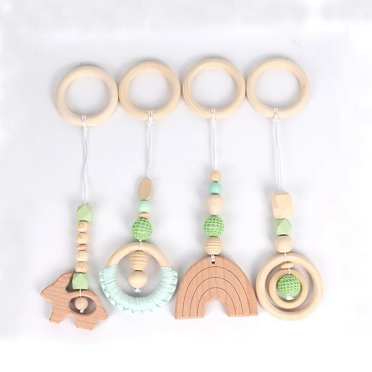 4PCS Baby Play Gym Set | Silicone Beads, Wood Teether & Rattle