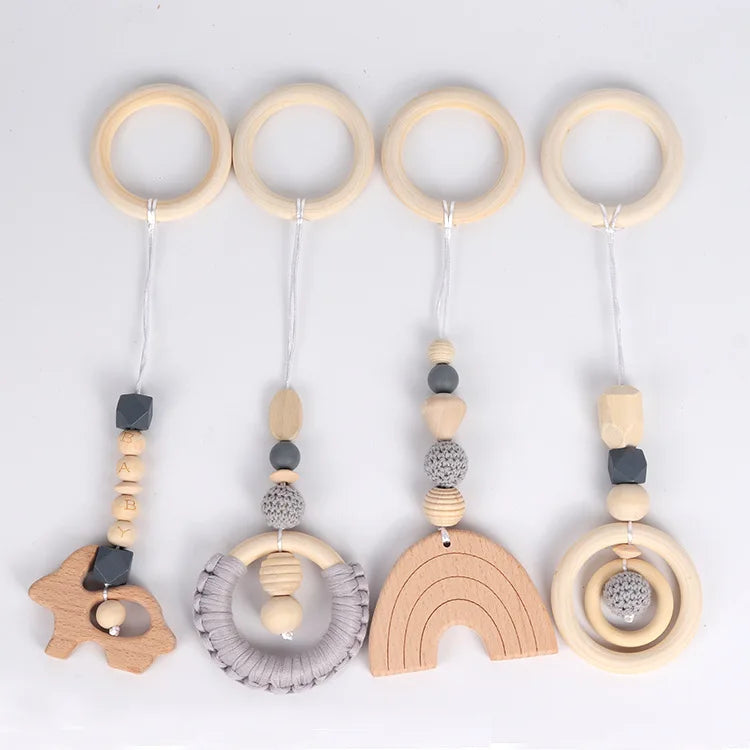 4PCS Baby Play Gym Set | Silicone Beads, Wood Teether & Rattle