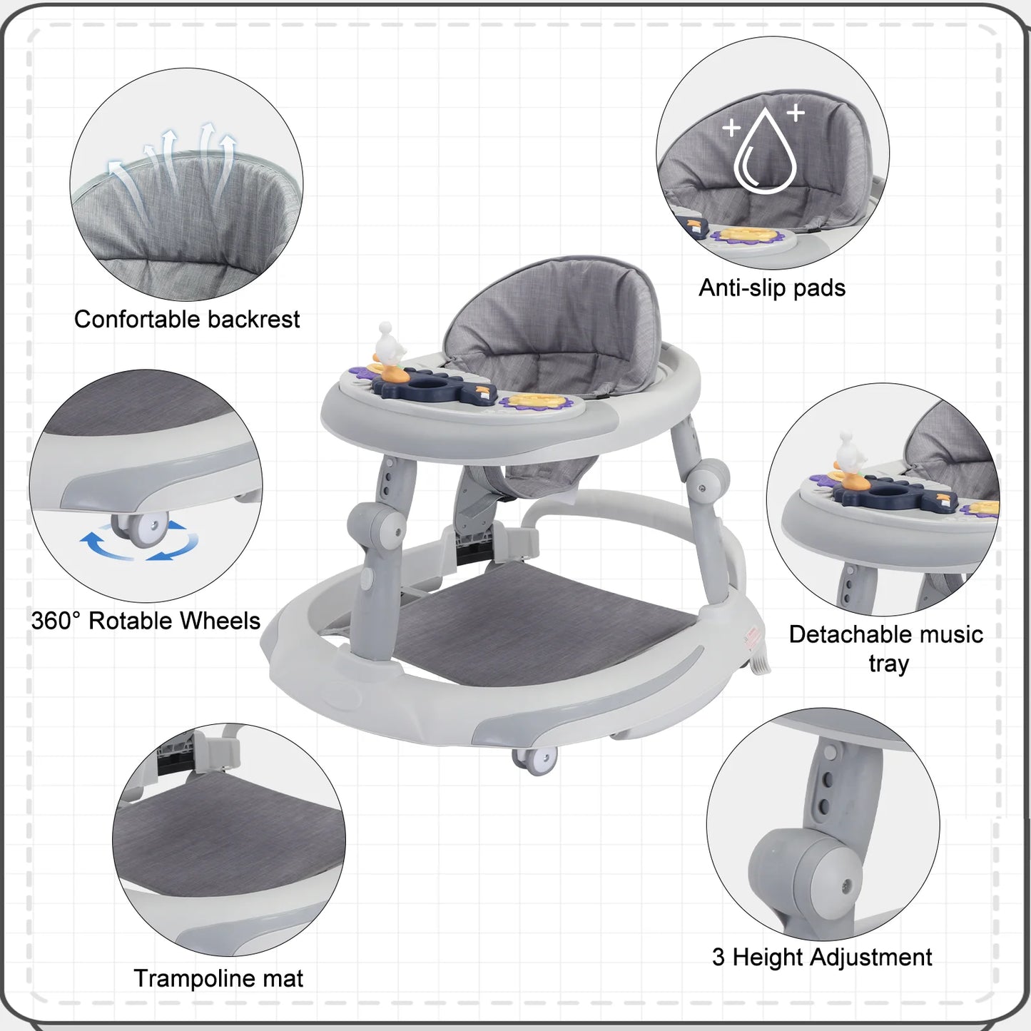 UBRAVOO Foldable Baby Walker | Adjustable Height & Music Toy