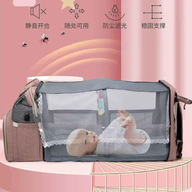 Foldable Portable Mommy Backpack with Crib Bed | Large Diaper Bag