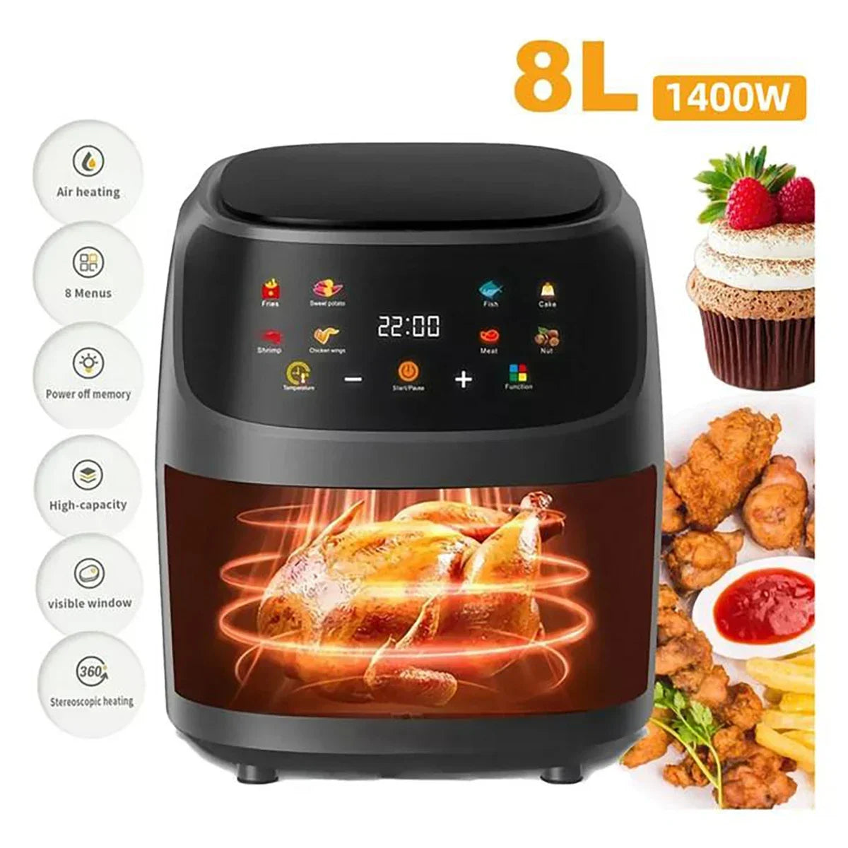 1400W 8L Air Fryer | Oil-Free Smart LED Touch Cooker