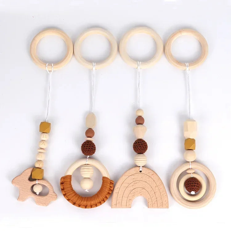 4PCS Baby Play Gym Set | Silicone Beads, Wood Teether & Rattle