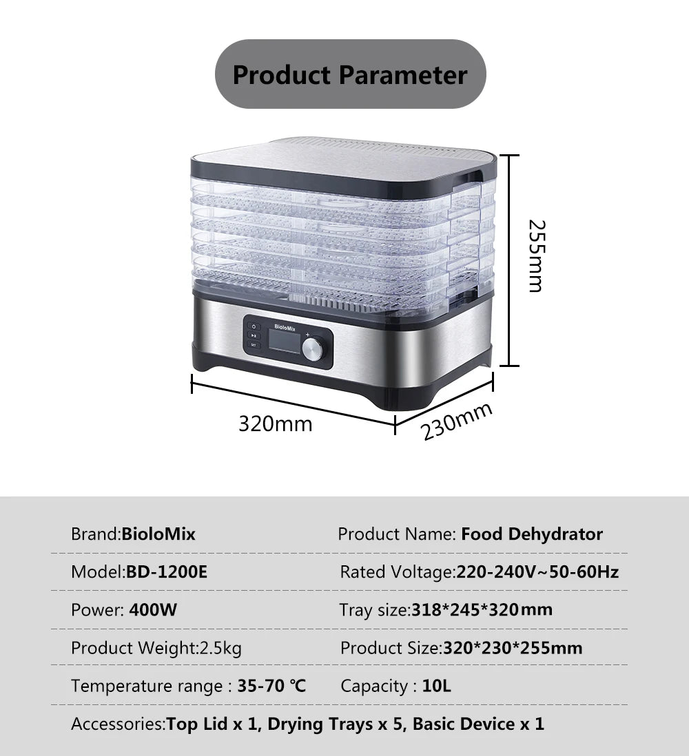 BioloMix 5-Tray Food Dehydrator | BPA-Free Digital Timer & Temperature Control - Chamberland Homes