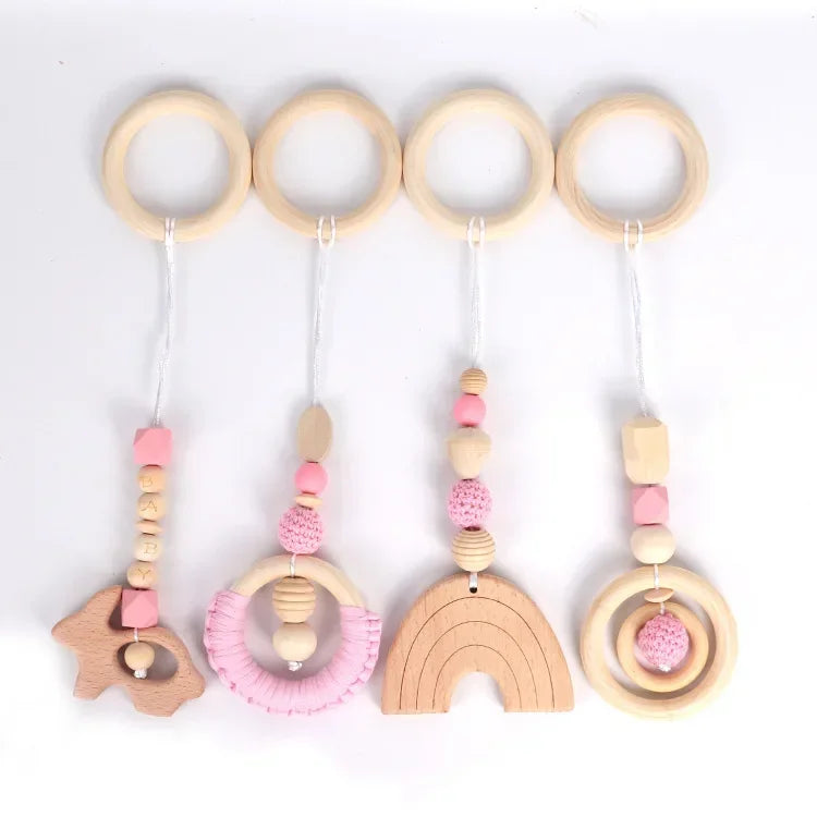4PCS Baby Play Gym Set | Silicone Beads, Wood Teether & Rattle