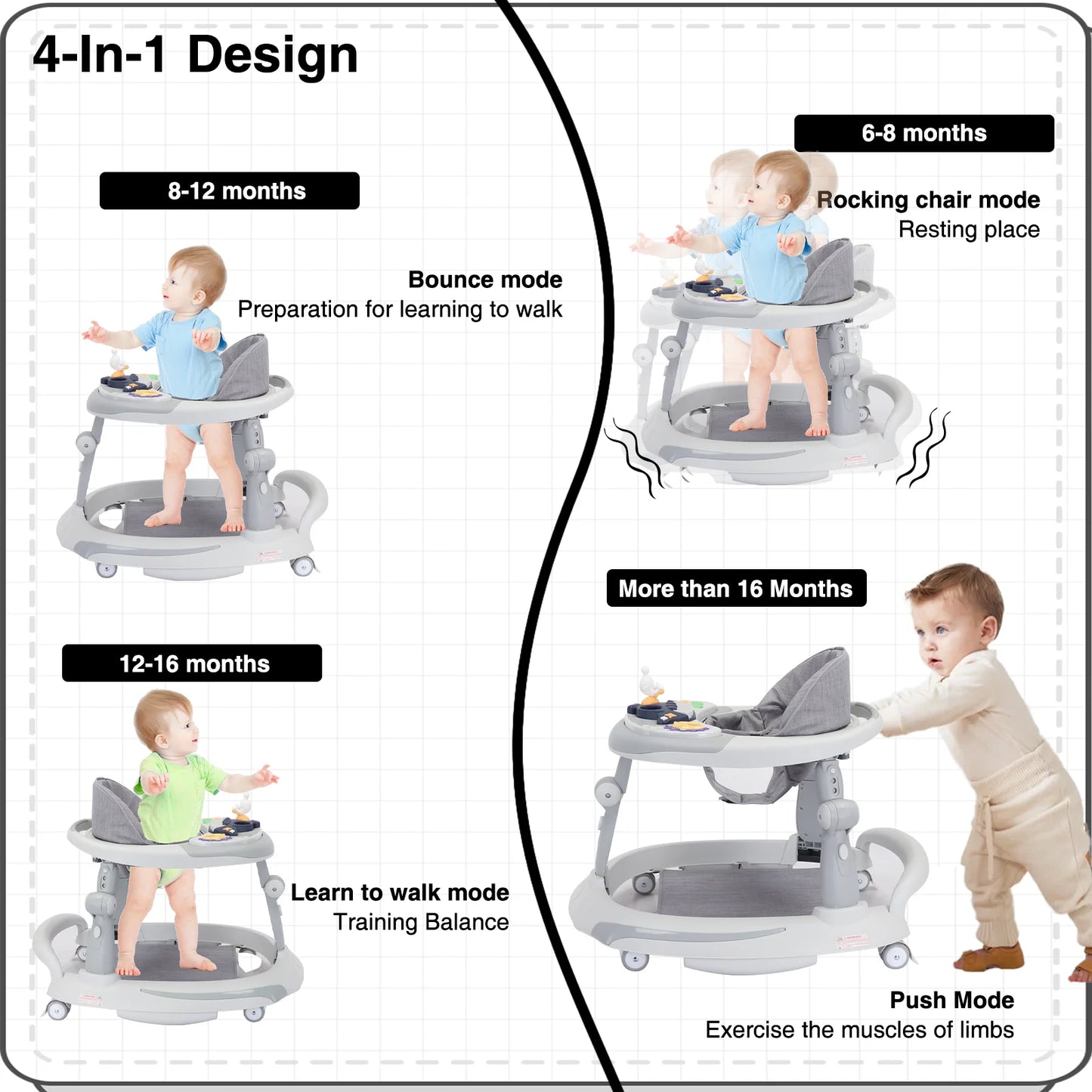 UBRAVOO Foldable Baby Walker | Adjustable Height & Music Toy