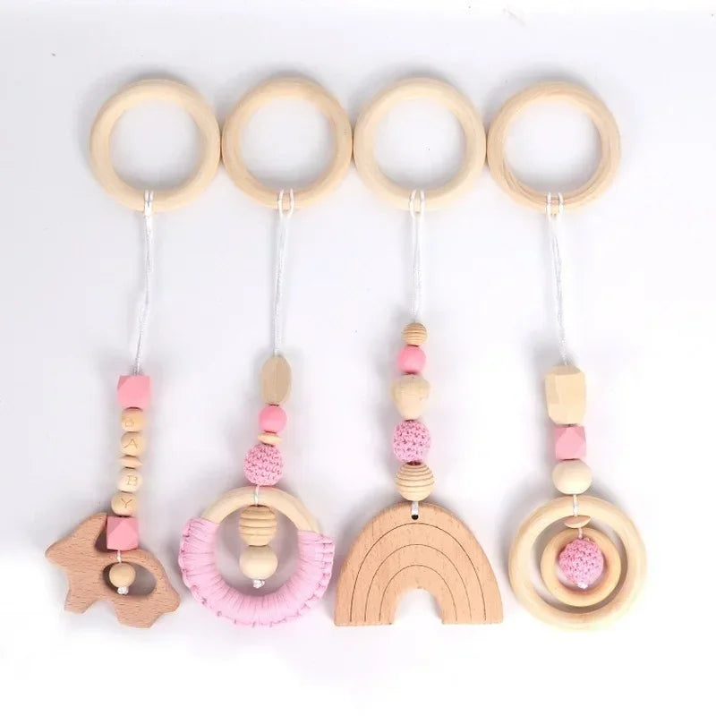 4PCS Baby Play Gym Set | Silicone Beads, Wood Teether & Rattle