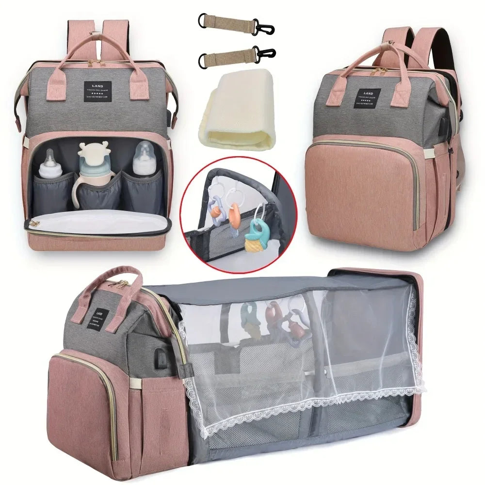 Foldable Portable Mommy Backpack with Crib Bed | Large Diaper Bag