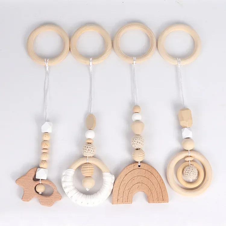 4PCS Baby Play Gym Set | Silicone Beads, Wood Teether & Rattle