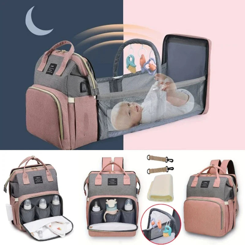 Foldable Portable Mommy Backpack with Crib Bed | Large Diaper Bag