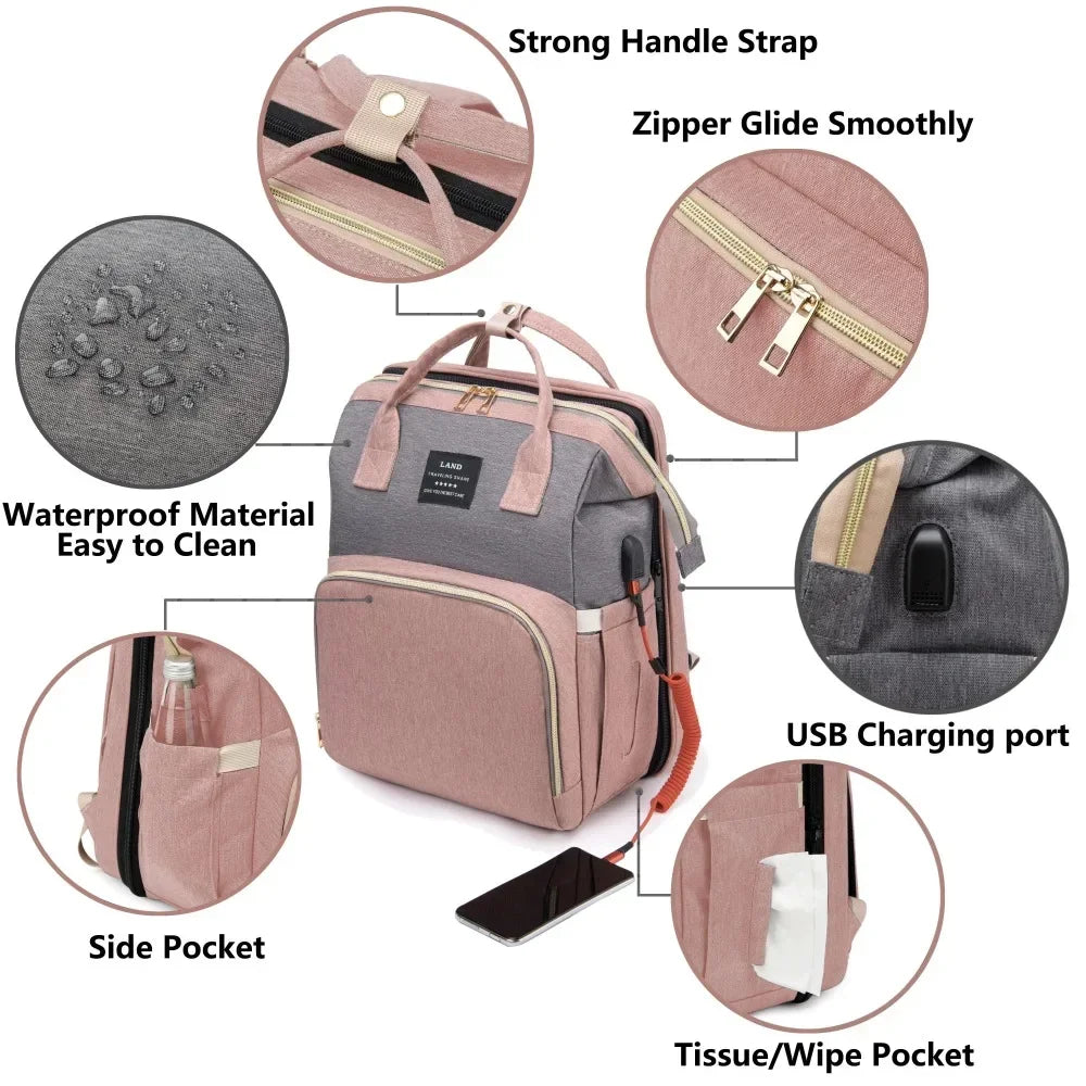 Foldable Portable Mommy Backpack with Crib Bed | Large Diaper Bag