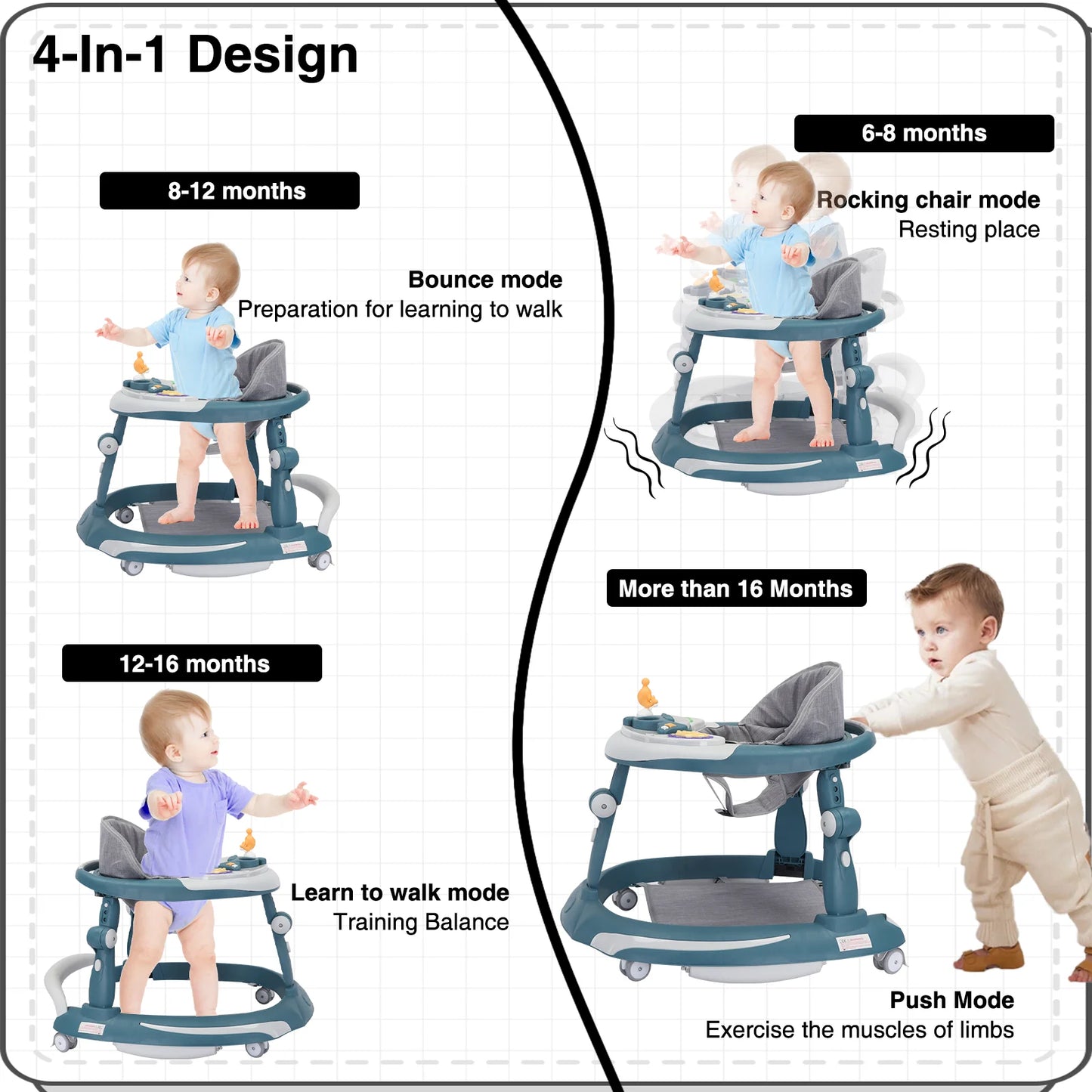 UBRAVOO Foldable Baby Walker | Adjustable Height & Music Toy