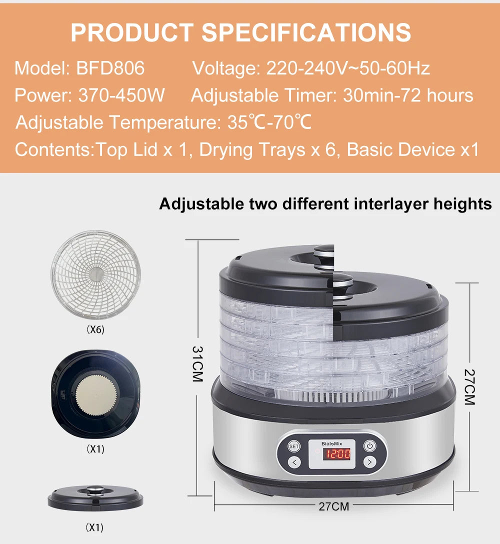 BioloMix 5-Tray Food Dehydrator | BPA-Free Digital Timer & Temperature Control - Chamberland Homes
