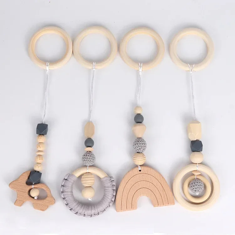4PCS Baby Play Gym Set | Silicone Beads, Wood Teether & Rattle