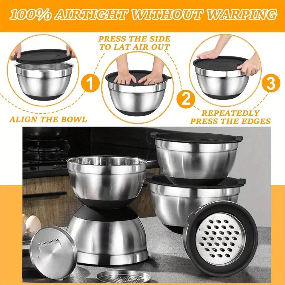 17PCS Stainless Steel Mixing Bowls with Lids & Grater Attachment - Chamberland Homes