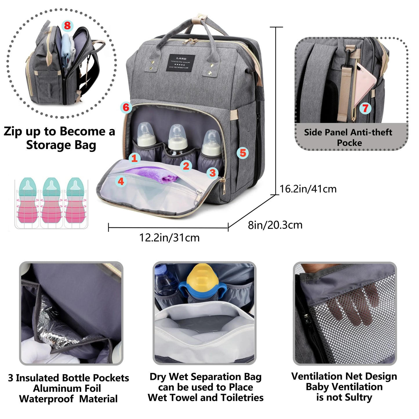 Foldable Portable Mommy Backpack with Crib Bed | Large Diaper Bag