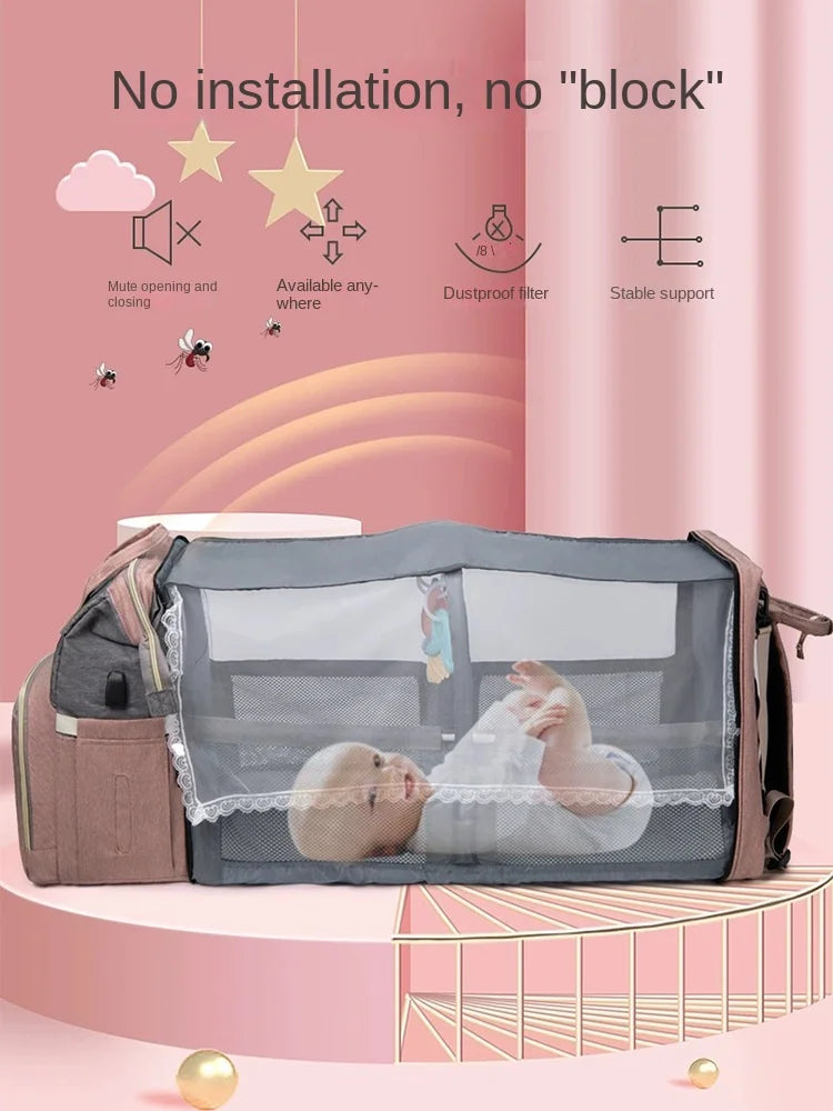 Foldable Portable Mommy Backpack with Crib Bed | Large Diaper Bag