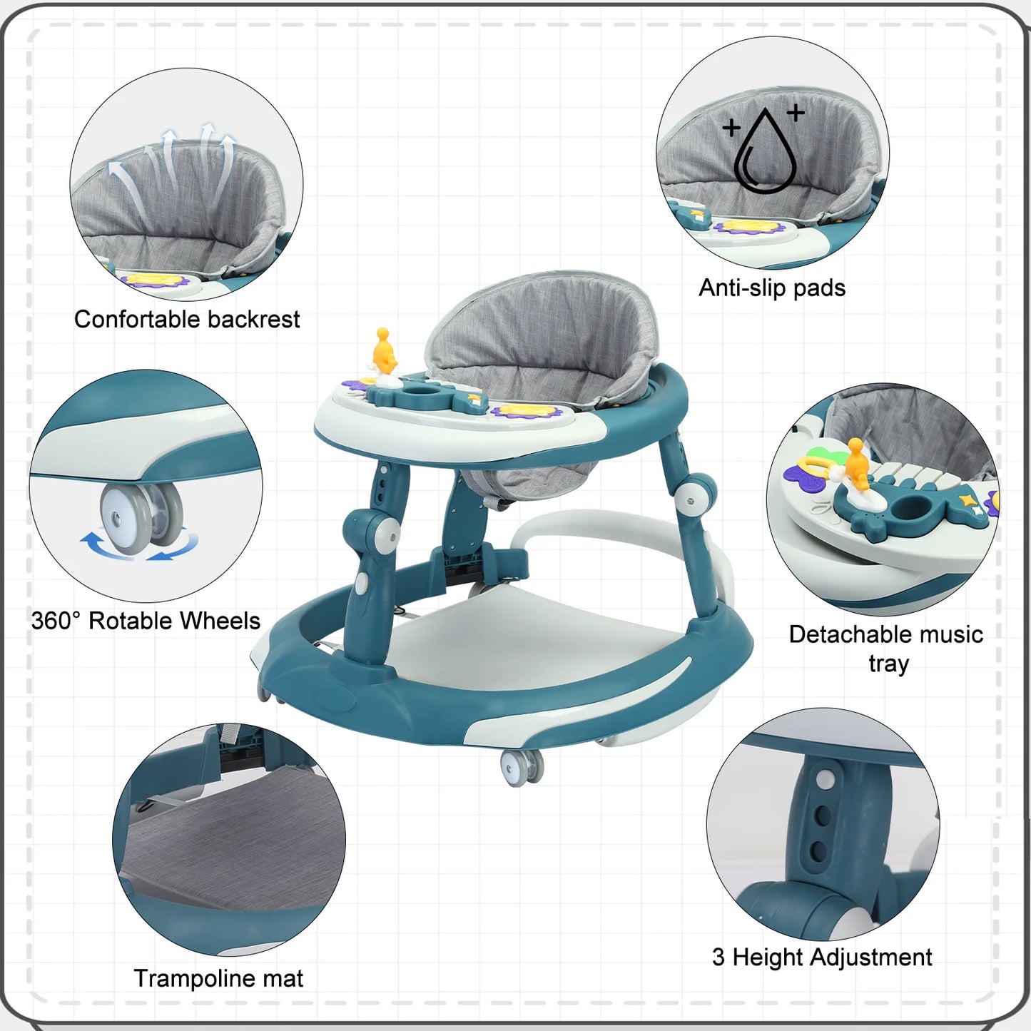 UBRAVOO Foldable Baby Walker | Adjustable Height & Music Toy