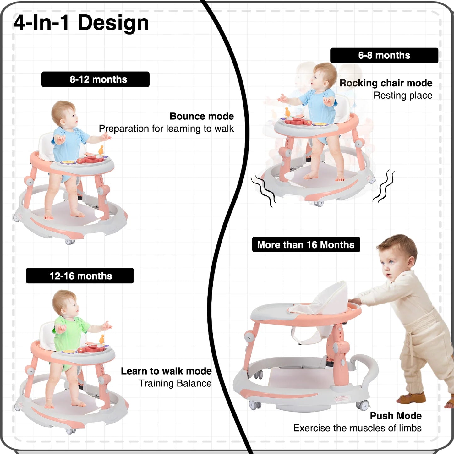 UBRAVOO Foldable Baby Walker | Adjustable Height & Music Toy