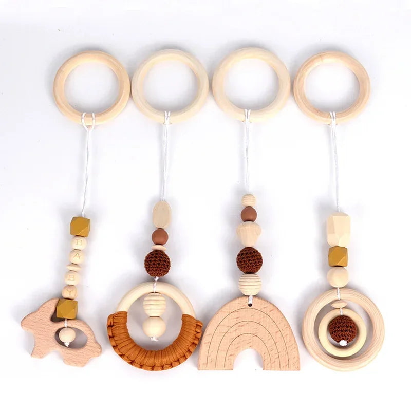 4PCS Baby Play Gym Set | Silicone Beads, Wood Teether & Rattle