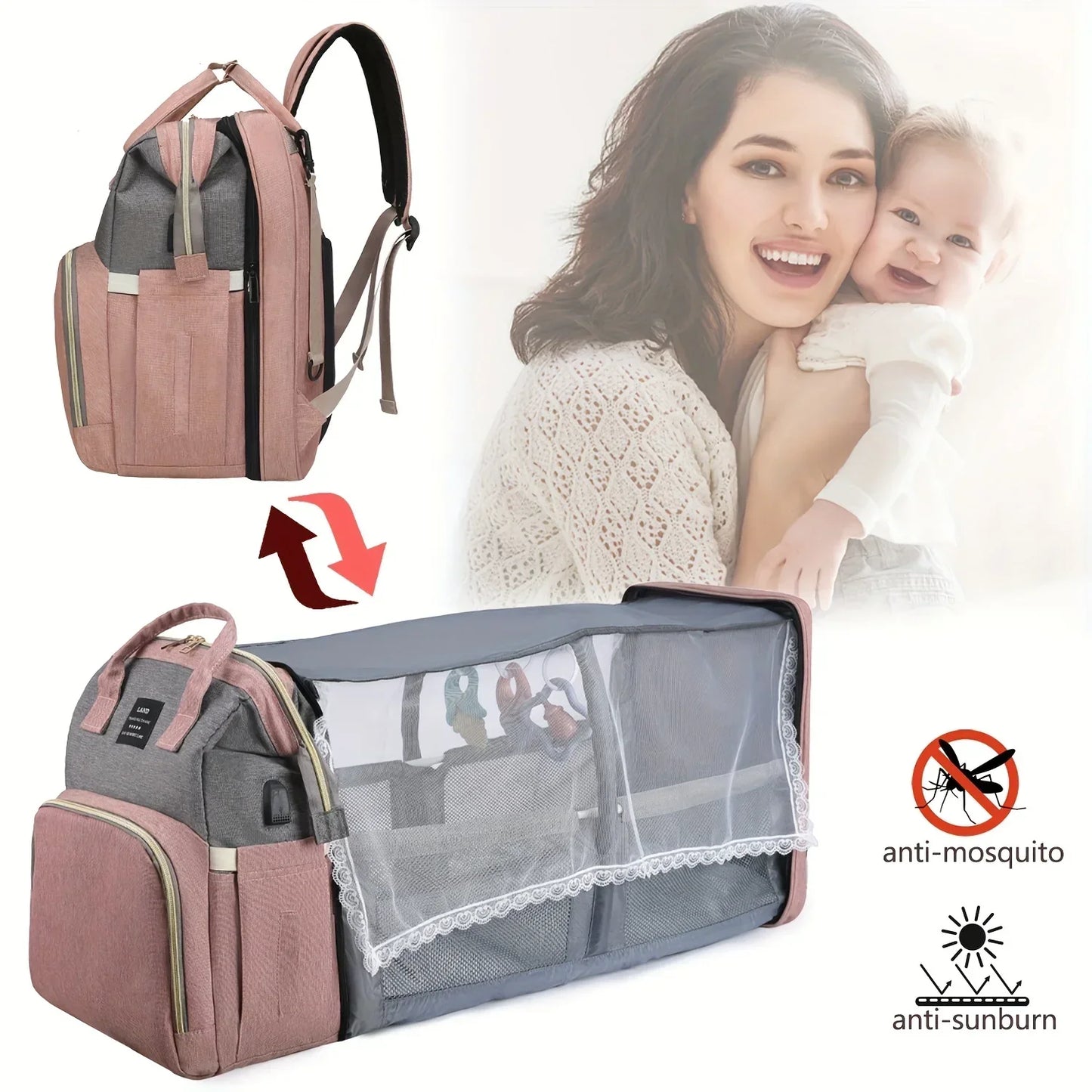 Foldable Portable Mommy Backpack with Crib Bed | Large Diaper Bag