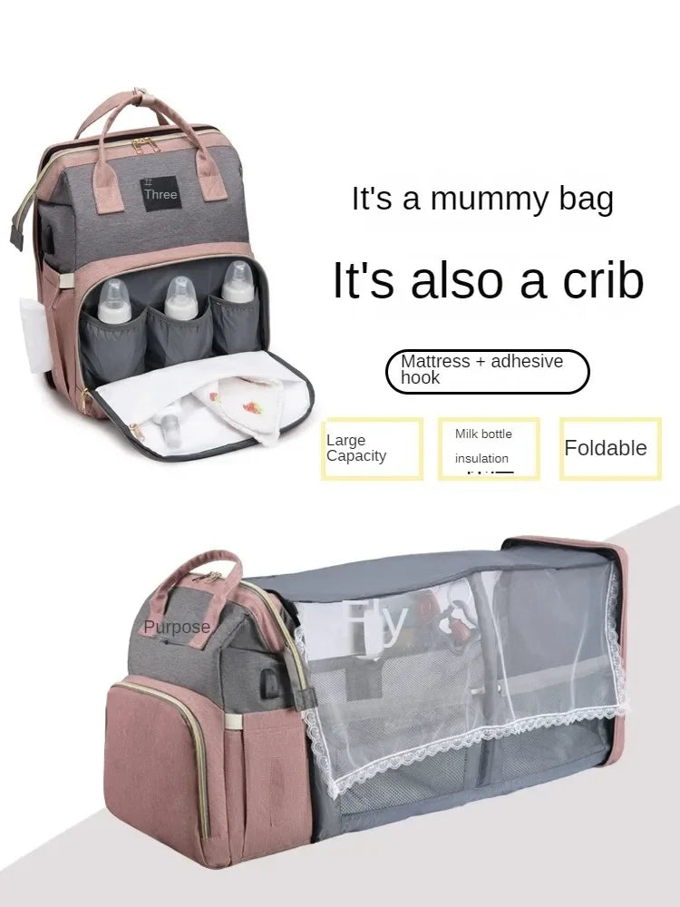 Foldable Portable Mommy Backpack with Crib Bed | Large Diaper Bag