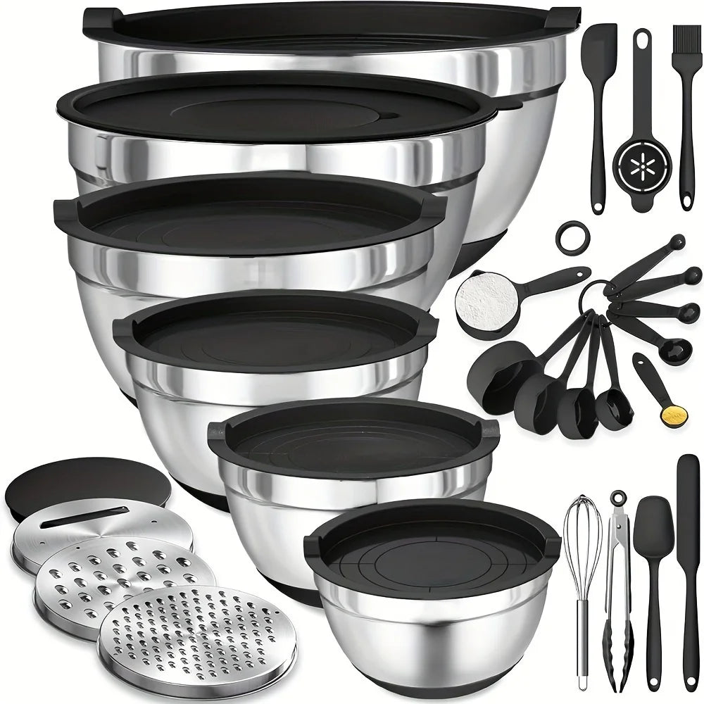 17PCS Stainless Steel Mixing Bowls with Lids & Grater Attachment - Chamberland Homes