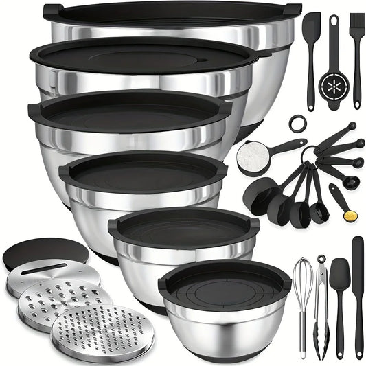 17PCS Stainless Steel Mixing Bowls with Lids & Grater Attachment - Chamberland Homes