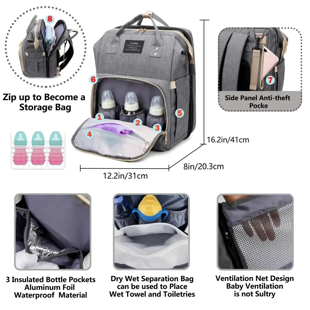 Foldable Portable Mommy Backpack with Crib Bed | Large Diaper Bag