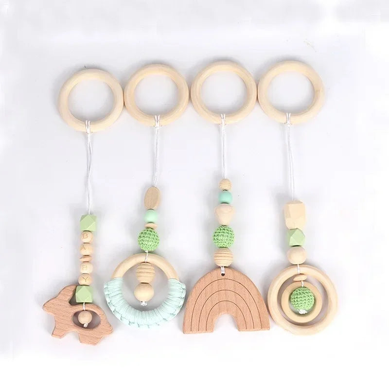 4PCS Baby Play Gym Set | Silicone Beads, Wood Teether & Rattle