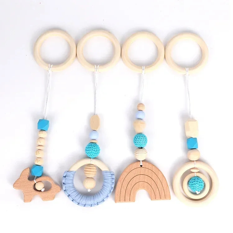 4PCS Baby Play Gym Set | Silicone Beads, Wood Teether & Rattle