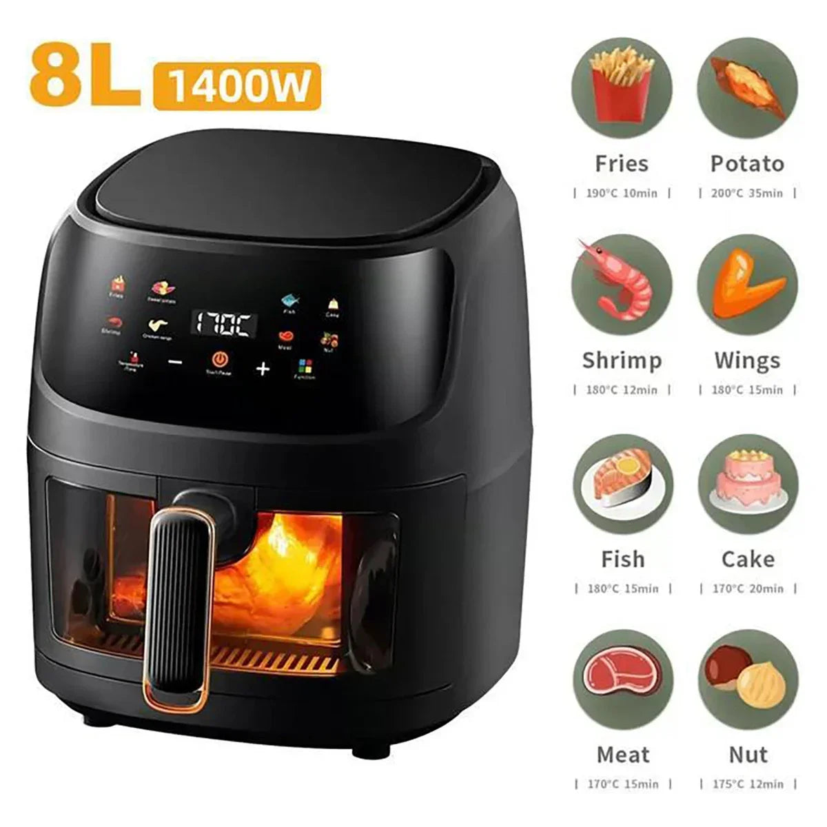 1400W 8L Air Fryer | Oil-Free Smart LED Touch Cooker