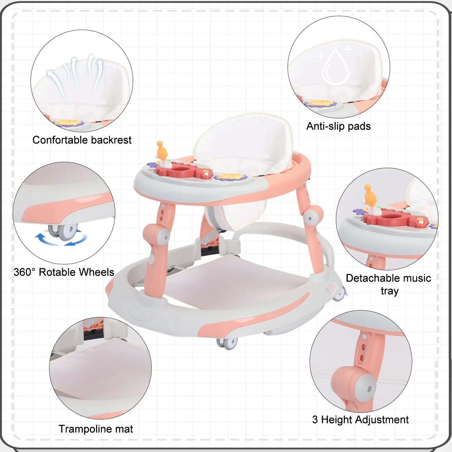 UBRAVOO Foldable Baby Walker | Adjustable Height & Music Toy